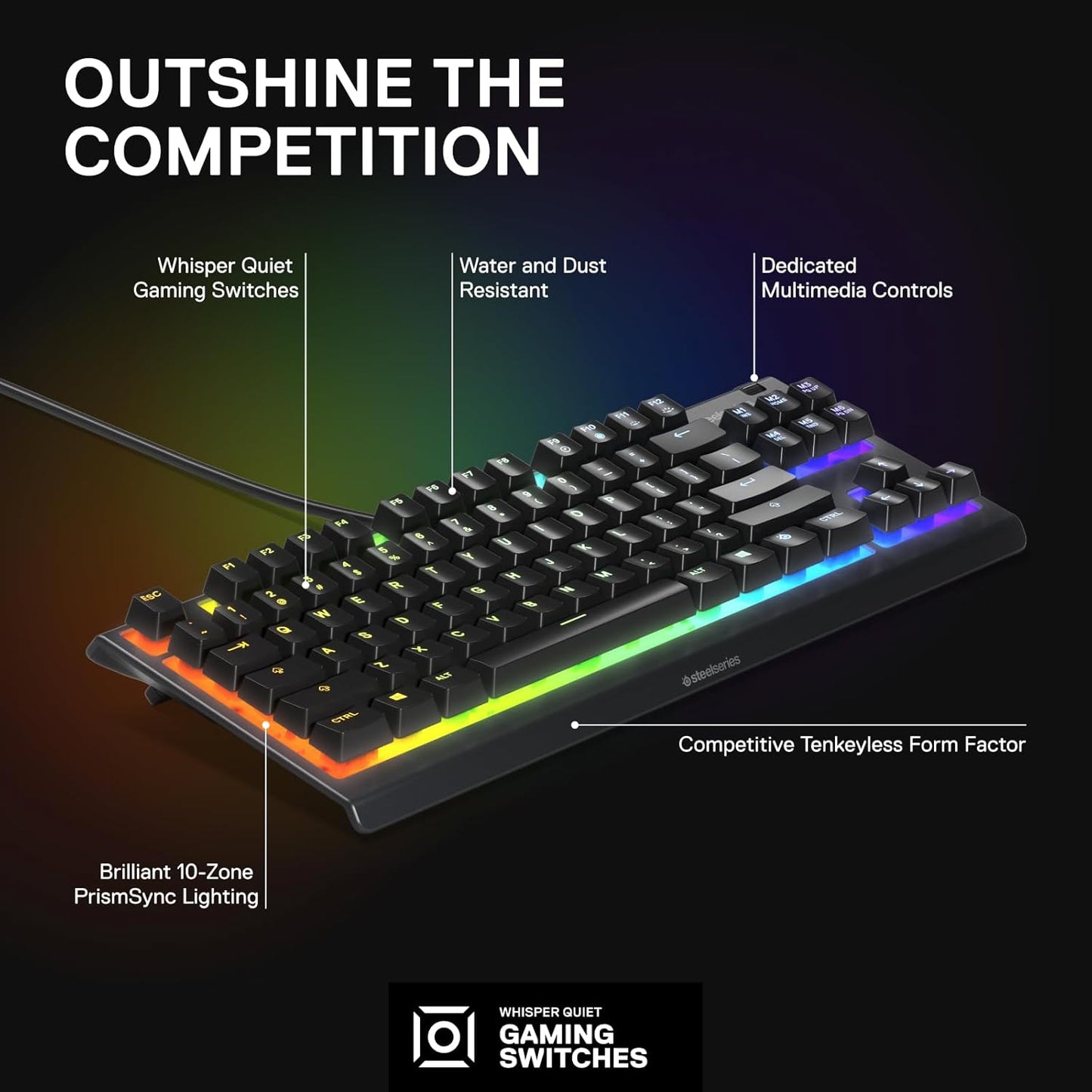 SteelSeries Apex 3 TKL RGB Gaming Keyboard – Tenkeyless, Quiet Switches, IP32 Water-Resistant