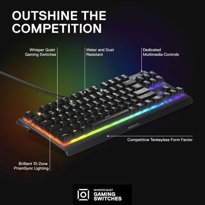 SteelSeries Apex 3 TKL RGB Gaming Keyboard – Tenkeyless, Quiet Switches, IP32 Water-Resistant