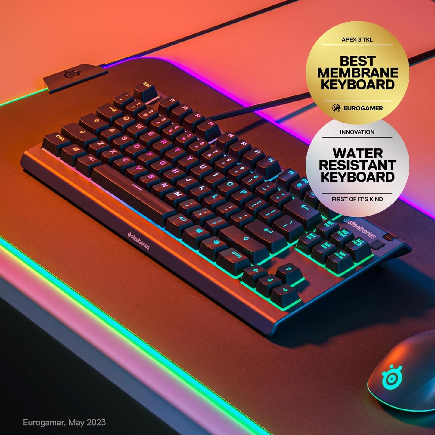 SteelSeries Apex 3 TKL RGB Gaming Keyboard – Tenkeyless, Quiet Switches, IP32 Water-Resistant